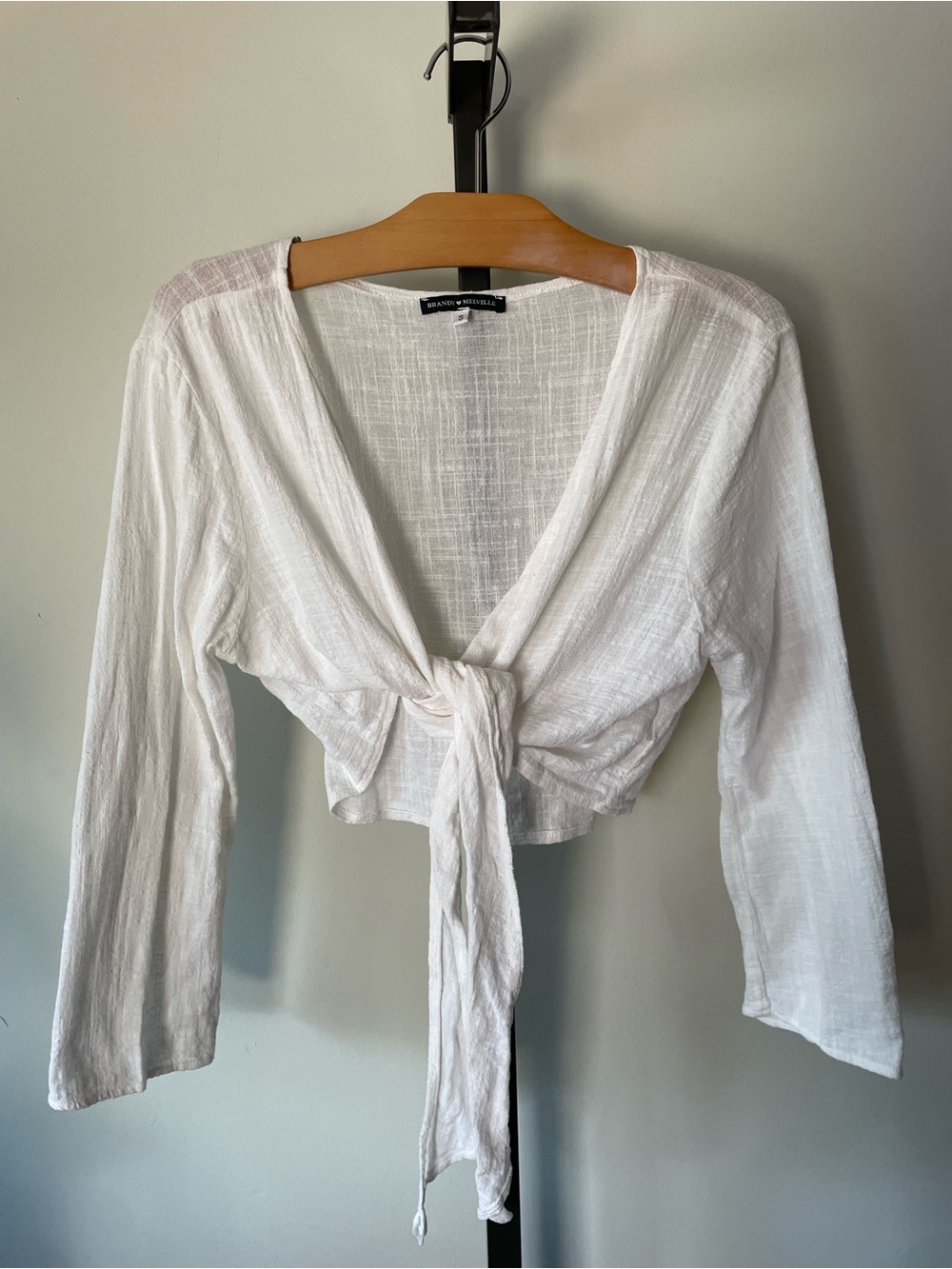 Brand Melville Cotton Cropped Front Tie Long Sleeve Blouse Boho Top White Small